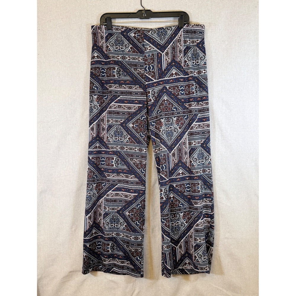 I.N. Studio Womens XL Wide Leg Pants Navy Blue Burgundy Geometric Tile Print